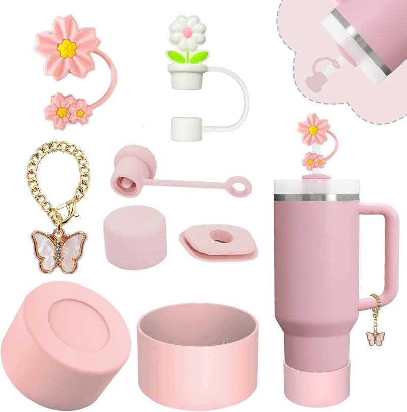 vikgle Stanley Cup Accessories Set,Including 2 Pcs 0.4in Straw Cover, 1 Silicone Spill-Proof Stopper Set of 3, 1 Cute Butterfly Handle Charm, 1 Silicone Boot Fits Stanley 40&30 Oz Tumbler (Pink) - Image 1